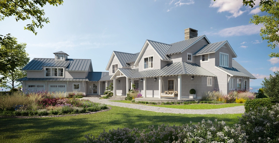 Two story house 3d rendering of a farmhouse-style home with metal roofing, wraparound porch, and professionally landscaped gardens.